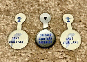 3 Vintage CHICAGO SANITARY DISTRICT "SAVE OUR LAKE" Metal Tab BOND ELECTION - Picture 1 of 3