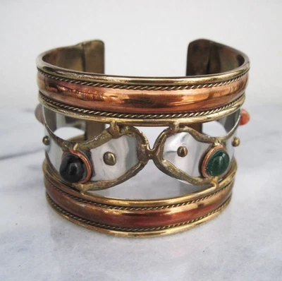 Mixed Metal Cuff Bracelet Brass Copper Silvertone Cabochon Stones Boho Brutalist - Image 1 of 4