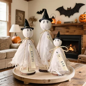 Decoraciones de Halloween Interior - Juego de 3 Fantasmas Primitivos de Halloween con Sombrero, Madera - Imagen 1 de 12