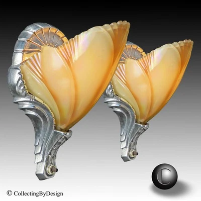 PAR de apliques Markel Mid-West "Deauxville" Batwing con cortinas opalinas c.1939 Foto 1 de 4