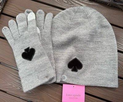 Conjunto de sombrero y guantes Kate Spade New York parche flocado gris jaspeado - Nuevo Foto 1 de 4
