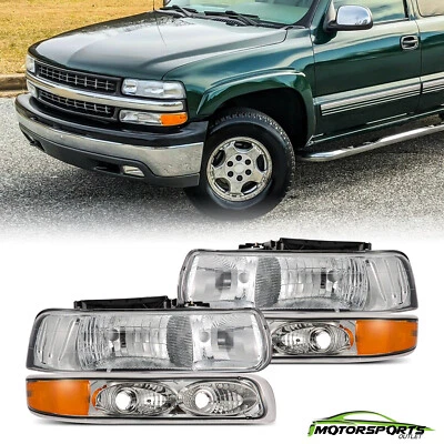 Fit 1999-2002 Chevy Silverado Chrome Headlights+Signal Bumper Lights Replacement - Image 1 of 4