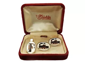 Vintage Railroad Cuff Links and Tie Clip Set, Gold Tone Oval, Vitreous Enamel - Picture 1 of 9