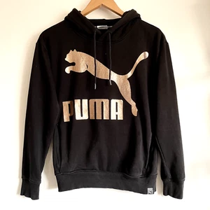 PUMA Ladies Hoodie Gold Spell Out Logo Pockets Black Size 8 - Picture 1 of 5