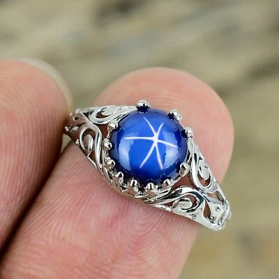 AAA Blue Lindy Star Sapphire Ring 925 Sterling Silver Ring Women Ring Star Ring - Image 1 of 3