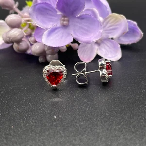 White Gold Finish Heart Cut Red Ruby Created Diamond Stud Earrings FREE GIFT BOX - Picture 1 of 9