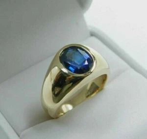 Men's 3Ct Oval Simulated Sapphire Bezel Engagement Ring 14K Yellow Gold Plated - Picture 1 of 7