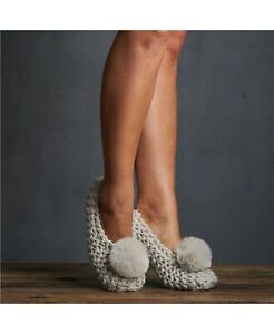 Lemon Ladies Knit Faux-Sherling Lined Gripper Slipper Socks Ballerina Pom Grey
