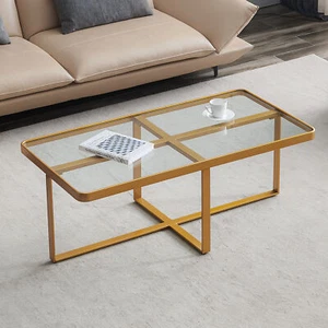Minimalism Rectangle Coffee Table Golden Metal Frame With Tempered Glass Useful - Picture 1 of 12