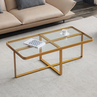 Minimalism Rectangle Coffee Table Golden Metal Frame With Tempered Glass Useful - Image 1 of 4