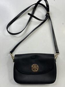 TORY BURCH Shoulder Bag Black Leather Mini Clutch Turn Lock Flap Purse Handbag