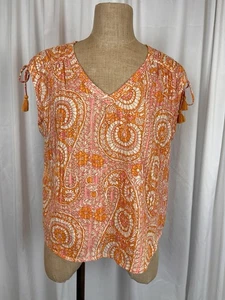 Anthropology Popover-Bluse rosa elfenbein orange gold Paisley V-Ausschnitt ärmellos GR.M - Bild 1 von 8