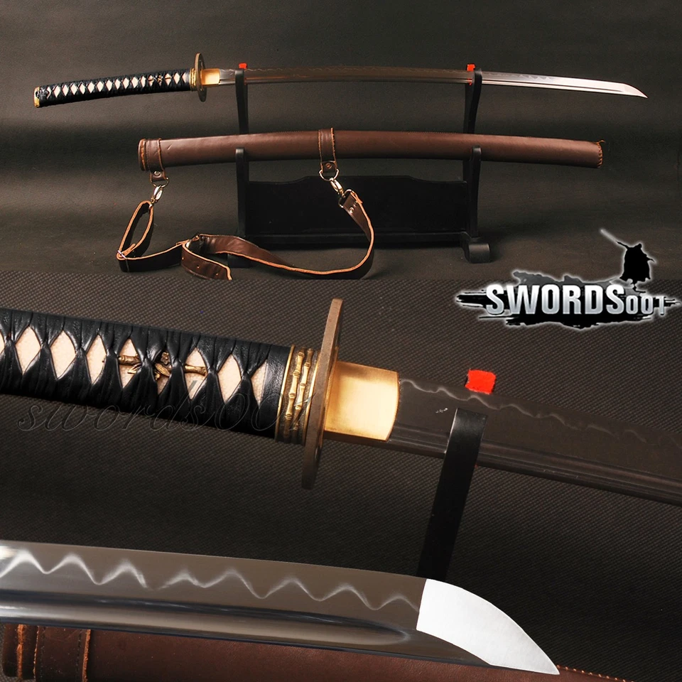 Katana japonesa de acero templado de arcilla hecha a mano T10 espada afilada vaina de cuero Foto 1 de 4