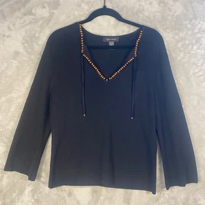 Camicetta top manica lunga Cable & Gauge XL nera misto viscosa perline scollo a V - Foto 1 di 8