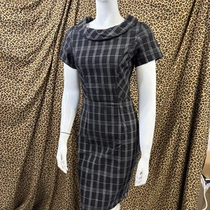 Vintage Gown Town Black White Plaid Wiggle Dress Size XS Cowl Neck Pencil Style - Picture 1 of 11