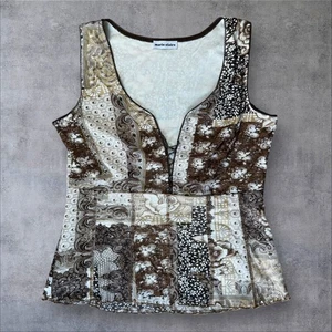 Y2K braun Patchwork Print Korsett Stil Top ärmellos Schößchen Detail M - Bild 1 von 11