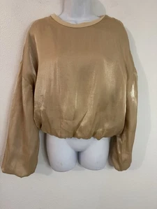 Zara Blouse Gold Bubble Bottom Cropped Long Balloon Sleeves Holiday Event Size M - Picture 1 of 6