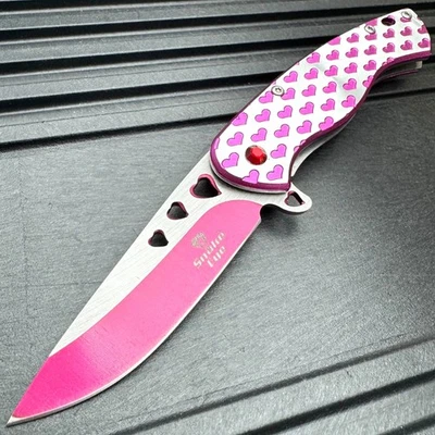 Cuchillo de Bolsillo Plegable Abierto Asistido por Resorte 6.75" HEARTS LOVE Herramienta ROSA Foto 1 de 4