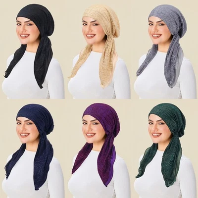 Women Head Wrap Turban Cap Muslim Lace Soft Elasticity Long Tail Bonnet Scarf - image 1 of 4