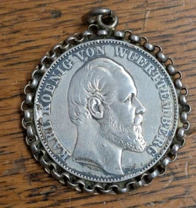 Württemberg Siegestaler 1871 Münze Charivari Silber Trachtenschmuck Uhrkette - Bild 1 von 2