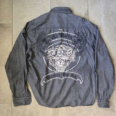 Camisa Ed Hardy Hombres XL Gris Tatuaje Gráfico Tigre Bordado Cambray Abotonable Foto 1 de 4