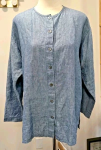 Damen Dosa Größe 2 Tunika mit Knopfleiste Blau Leinen Damen Lagenlook Medium - Bild 1 von 14