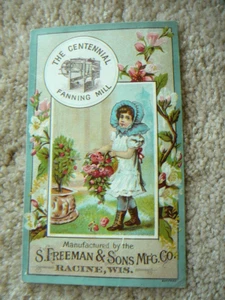 Freeman & Sons Centennial Fanning Mill Antique Trade Card Girl & Basket of Roses - Picture 1 of 3