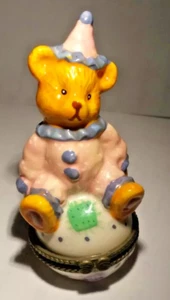 PINK & PURPLE CLOWN BEAR PORECELAIN SNUFF/PILL HINGED COLLECTOR TRINKET BOX DV86 - Picture 1 of 6