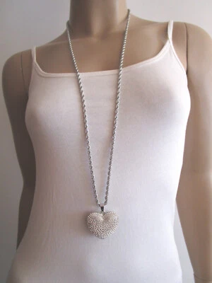 Damen Hals Kette Modekette lang Modeschmuck Strass Herz Silber Bling Bling h71a - Bild 1 von 4
