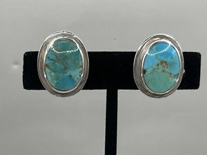Sterling Turquoise Clip Earrings 1 inch 925 Thailand - Picture 1 of 5