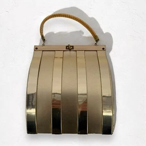 50er Vintage Goldstrom Gold Metall Streifen Top Handle Handtasche Geldbeutel Retro Festlich - Bild 1 von 8