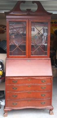 Large Antique Mahogany Secretary Desk Drop Lid Hidden Compartments - Image 1 of 3
