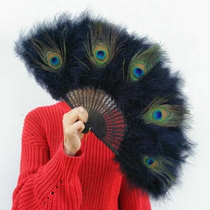 Peacock Feather Folding Fan Chinese Japanese Handheld Wedding Performance Props - Picture 1 of 5