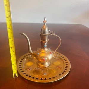 Vintage Jeweled Brass Turkish Tea Pot tray Embossed Middle Eastern Design - Picture 1 of 4