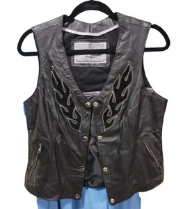 Unik Premium Black Leather Biker Vest With Flame Design For Men Size L - Picture 1 of 4
