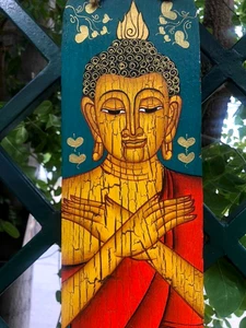 Arte de oración panel tailandés madera decoración de pared placa Buda teca tallada pintado monje - Imagen 1 de 13