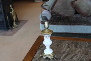 White Porcelain & Gold Scroll Antique Table Lamp With Brass Ornate Base - Picture 1 of 8