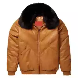 New Men Real Leather V-Bomber Puffer Jacket with Detachable Real Fox Fur Collar - Picture 1 of 2