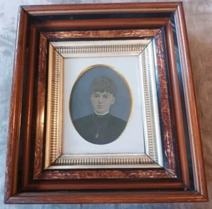 Antique Electrograph Hand Painted Tintype Portrait Photograph Walnut Frame - Picture 1 of 24