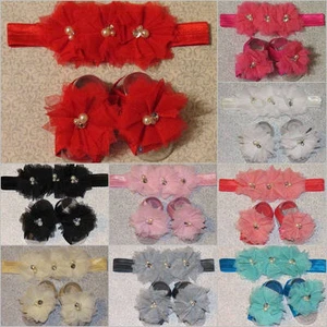 Jeweled Tulle Triple Flower Headband w/Matching Barefoot Flowers - Picture 1 of 10