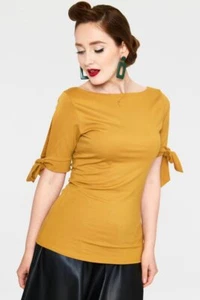 Vintage Style Benny Mustard Retro Cowl Neck Curve Top with Tie Sleeves - Picture 1 of 5