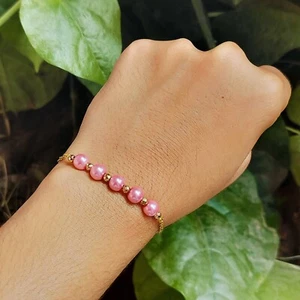 Top Quality Dark Pink Pearl Beaded Gold Chain Bracelet Pearl Jewelry Gift Her - Picture 1 of 2