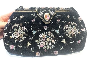 Vintage 1950’s Herve Paris Black Pink Beads Flower Limoges Porcelain Evening Bag - Picture 1 of 5