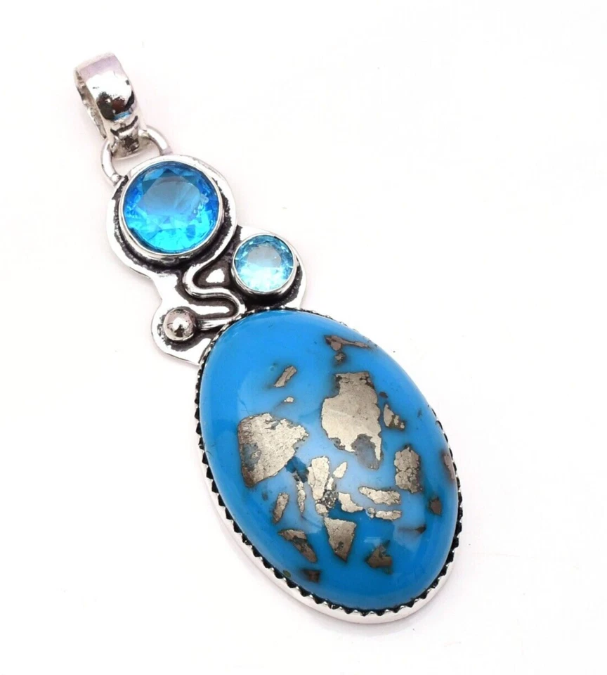 Ciondolo turchese pietra preziosa argento sterling 925 ciondolo gioiello fatt... - Immagine 1 di 4