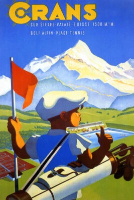 CRANS MONTANA SWISS ALPS RESORT GOLF TENNIS SWIMMING TRAVEL VINTAGE POSTER REPRO - Image 1 of 3