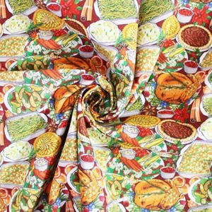 100% Cotton Fabric Little Johnny Christmas Dinner Roast Food Xmas Festive - Picture 1 of 1