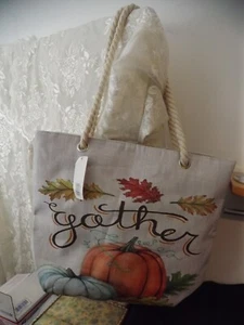 NEW Renshun FALL TOTE BAG "Gather" PUMPKINS & LEAVES NWT zips - Picture 1 of 9