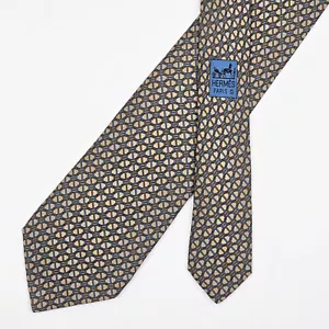Hermes Tie Silk Necktie 5663 EA Maillon on Brown - Picture 1 of 6