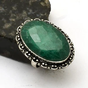 Simulated Emerald Gemstone Ethnic Handmade Ring Jewelry Gift US Size-9 AR 81690 - Picture 1 of 1