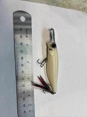 Topwater Fishing Lure Custom Painted In Bone  Color 4”in. Hand Tied Feather. - Image 1 of 4